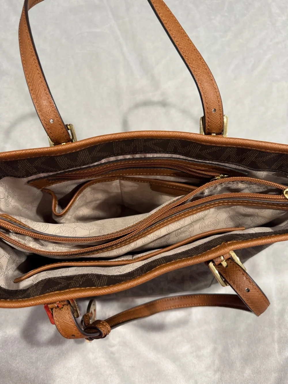 Michael Kors Dark Brown MK Monogram Tote with Tan Trim - Picture 2 of 2